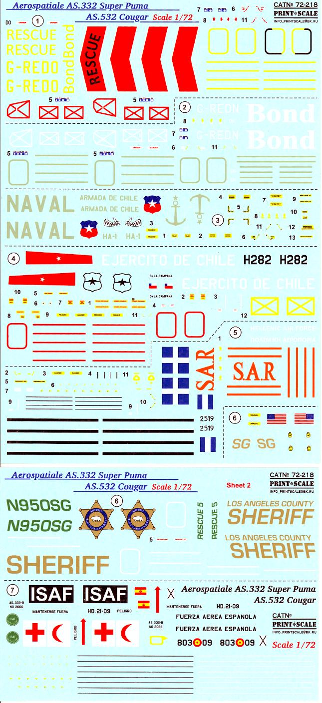 Print Scale Decals 1/72 AEROSPATIALE AS.332 SUPER PUMA &amp; AS.532 COUGAR ...